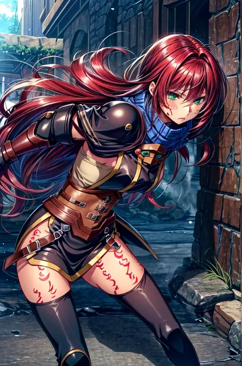   score_9,   score_8_up,   score_7_up,masterpiece, 4K, Realistic, Best Quality, nelzelpher,
1girl, red hair, short hair, green eyes, purple eyes, scarf, armor, fingerless gloves, tattoo, thighhighs, boots,(long hair:1.6),(Being attacked:1.6),(Damage expres...