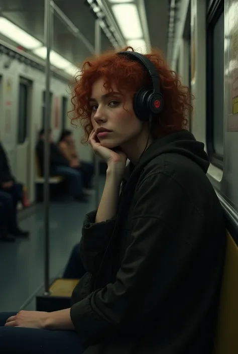 Make an image of a girl sitting on a subway subway on her side and curly red hair on a headset