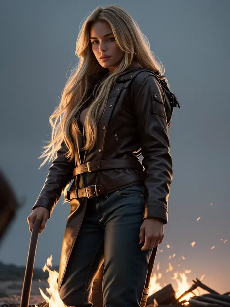 An ultra hot gorgeous European woman, age 23. She’s a playmate and men magazine supermodel. Long wavy blond hair, messy wind blown hair, Full body, sitting by a campfire, wearing brown leather coat, dark blue jeans, (extremely detailed 8k wallpaper), mood ...