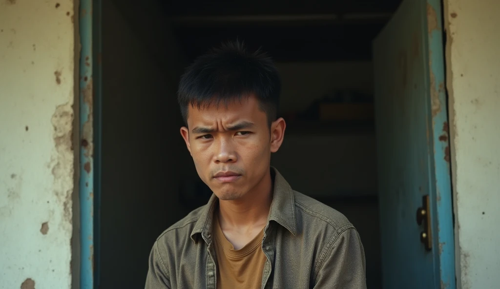  A 20-year-old Indonesian man stood at the door of a simple kosan, with a disappointed and angry expression , realistic photo and hd  