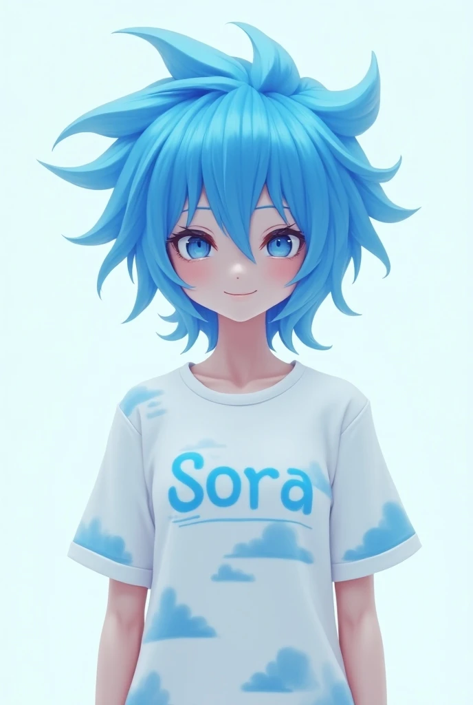 Blue hair with white tshirt cloud hair robot text in the tshirt "sora"
