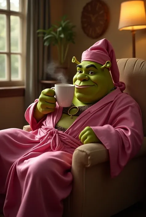 Crée une image de Shrek dans une ambiance vintage, rappelant le style visuel de la série Friends. Il est assis de manière décontractée sur la cuvette des toilettes dans une maison cosy, à la lumière douce et chaleureuse, en train de savourer un grand café....