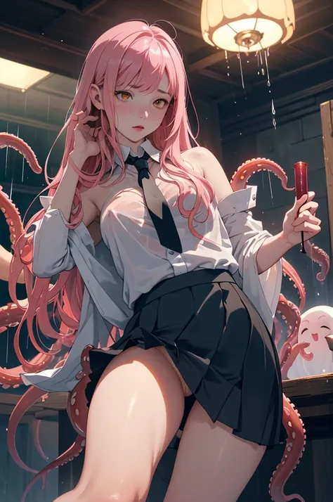 girl, tentacles, octopus, tangled,  {best quality}, {very aesthetic}, {ultra-detailed}, {best illustration}, nsfw, frustrated, swim suit  、Composition where freedom of hands and legs is taken away 、Face that embarrassingly puts up with pee、Long pink hair, ...