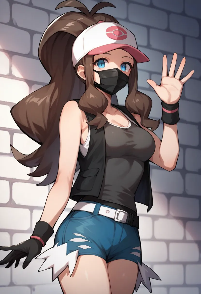 score_9, score_8_up, score_7_up, score_6_up, source_anime, 1girl, solo, ((pmpgrunt)),pokemonhilda, blue eyes, brown hair, long hair, ponytail, black beret, black mouth mask, black vest, grey bodysuit, black belt, black gloves, medium breasts, looking at vi...