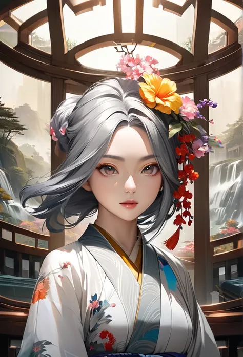 A woman in a kimono with flowers on her head,  Beautiful Digital Art work,  beautiful digital illustration ,  Beautiful Digital Paintings , Beautiful digital painting ,  photorealistic anime girl rendering, smooth anime cg art,  Beautiful Digital Art ,  di...