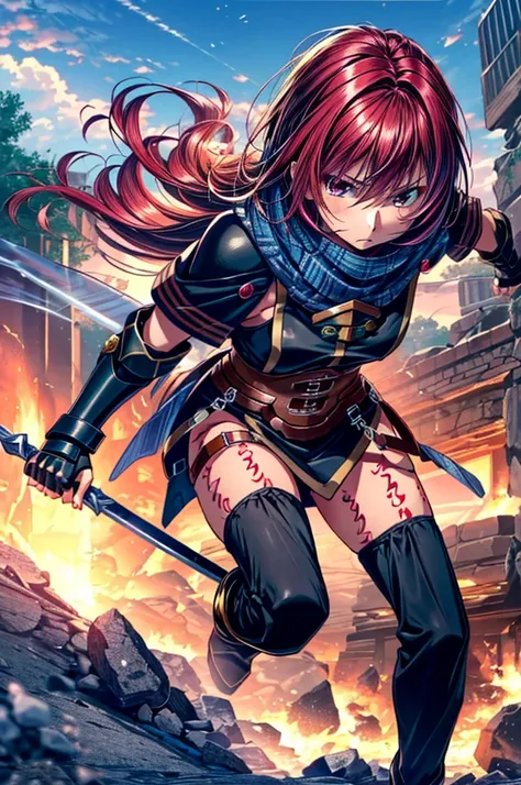   score_9,   score_8_up,   score_7_up,masterpiece, 4K, Realistic, Best Quality, nelzelpher,
1girl, red hair, short hair, green eyes, purple eyes, scarf, armor, fingerless gloves, tattoo, thighhighs, boots,(long hair:1.6),(Under attack:1.6),(Damage expressi...