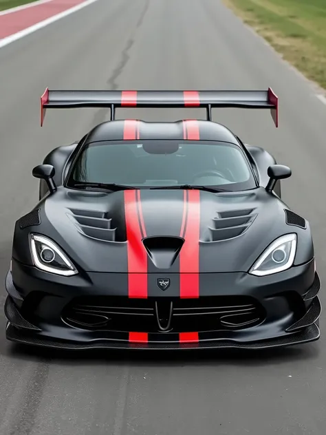 2017 Dodge Viper ACR with the track aero package. Paint will be in matte black with a double red stripe running down the middle of the car from head to rear.  Large carbon wing for better downforce.