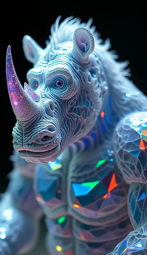 Create an image of a hybrid between a rhinoceros and a gorilla, made of crystal. The hybrid should have the muscular body of a gorilla with the faceted skin and crystal horns of a rhinoceros. The face should combine features of both animals, with a translu...