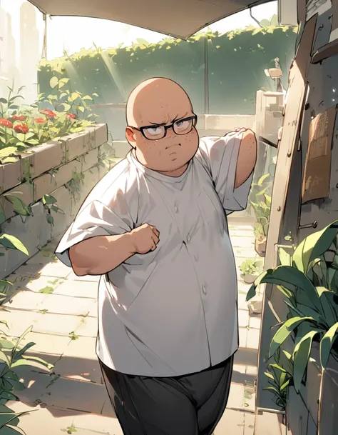 18 years old、 One Man、Alone,Bald、Freckles、 is not finely machined、ugly、Glasses、fat、uncool ,  white shirt、 black pants、 Expression Full of Determination 、Raise your fist、garden