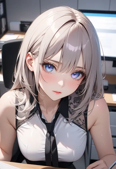 (masterpiece, best quality:1.2), (8k, raw photo), (shiny skin, detailed skin, detailed face, detailed eyes),2.8D, Beautiful girl working in an office