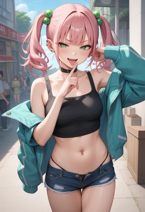 score 9, score 8 up, score 7 up, source anime,rating explicit,break, 1girl,mesugaki, twintails,pink hair,middle hair, green eyes,  piercings,high quality, detailed shiny skin, detailed beautiful hair, detailed beautiful eyes, (high resolusion:1.2), 4K, off...