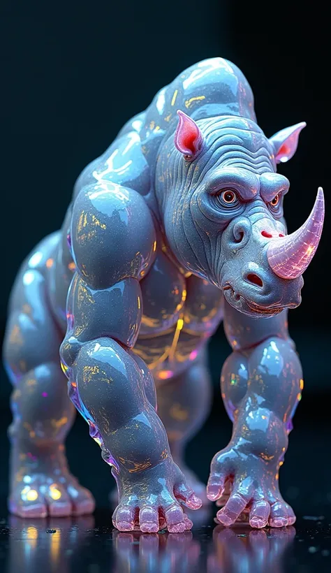 Create an image of a hybrid between a rhinoceros and a gorilla, made of crystal. The hybrid should have the muscular body of a gorilla with the faceted skin and crystal horns of a rhinoceros. The face should combine features of both animals, with a translu...