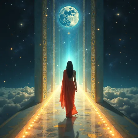 A beautiful married lady wearing saree is walking toward the dark, space-like long portal toward the far end.and on both sides of the portal are large panels one by one, with very detailed images of all the events of the girls life that will happen to her ...