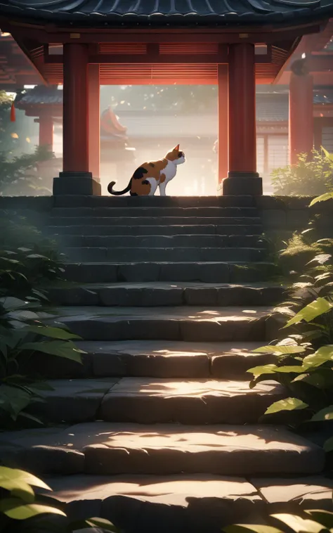 "Hyper-detailed nano-textured calico cat perched regally on ancient stone steps in 8K resolution, showcasing intricate fur patterns and vibrant tri-color coat. The scene features a misty Japanese temple garden at dawn, all rendered with stunning precision ...