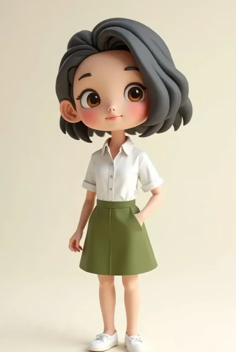 The art teacher has short hair, parted sideways, across her face, white collared shirt, moss green skirt, white shoes.3d chipi style