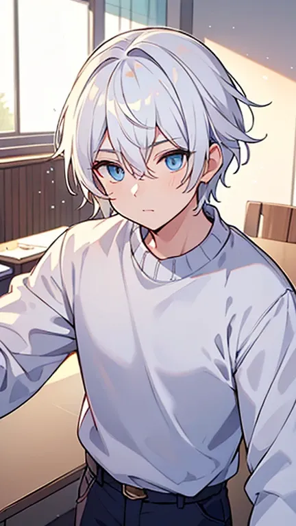 ((  A man with white hair and light blue eyes)),(( Im wearing a white jumper )),bangs,  Hair between eyes  