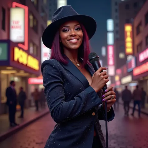 A striking African American woman with smooth, dark skin stands confidently, gripping a microphone in one hand. Her sleek, straight lace-front wig, styled with a middle part, flows in a rich cherry plum shade. She dazzles in a NAVY blue suit covered in shi...