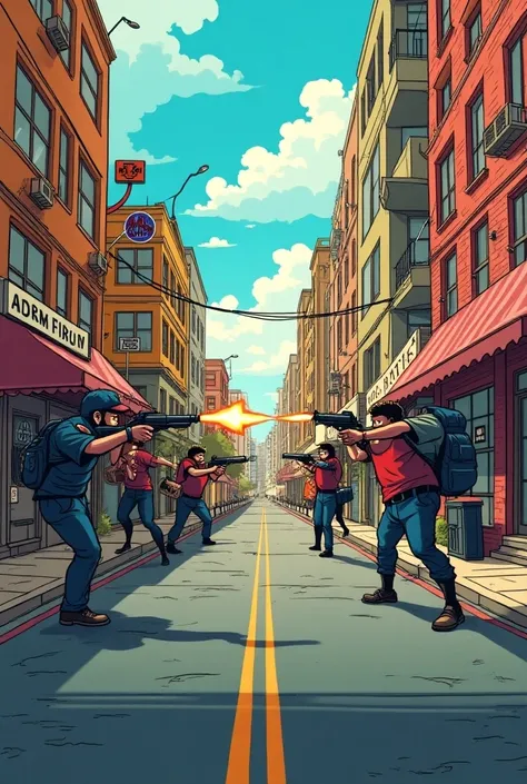 An open road with nobody but sidewalks with shooters shooting each other at a cartoon city