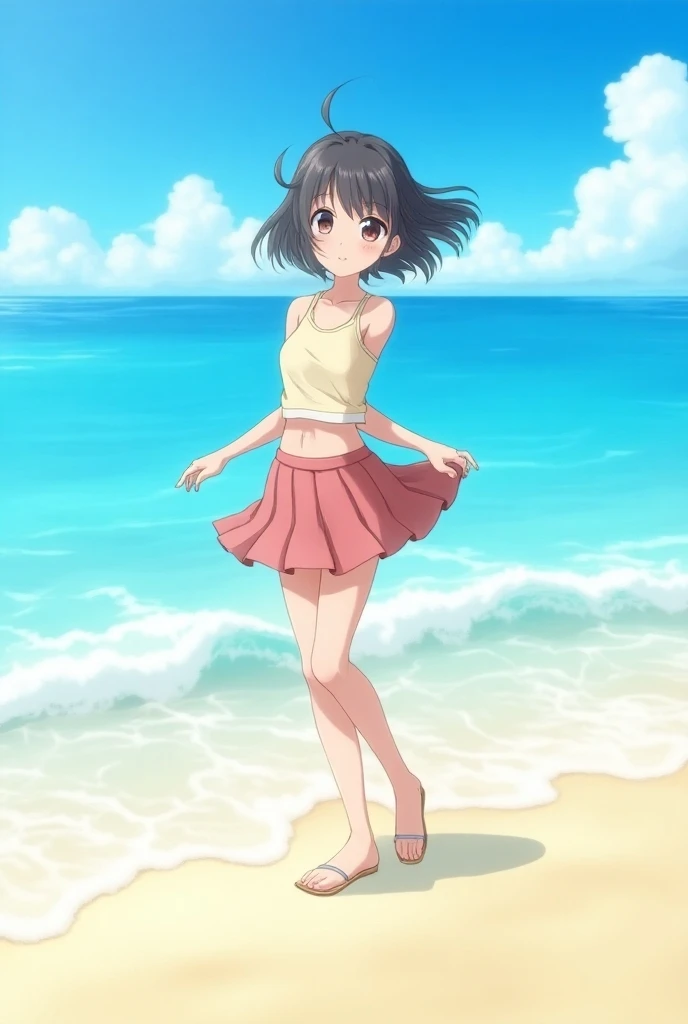 Anime girl with very short skirt
On a beach 
Sea waves