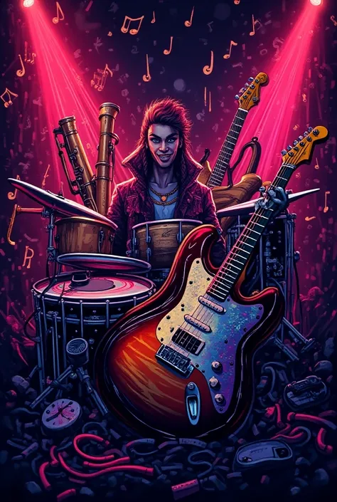 Music posters with musical instruments and music and neon lights