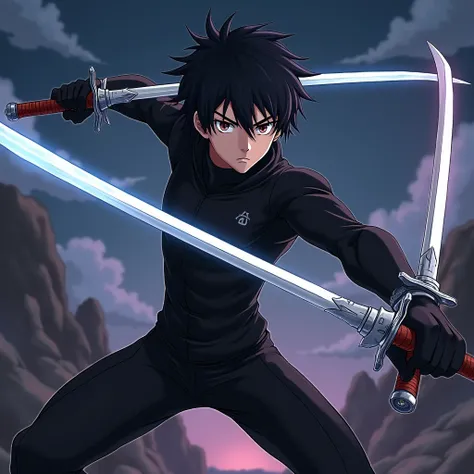 anime-style kirito sword master online , holding two swords in the foreground