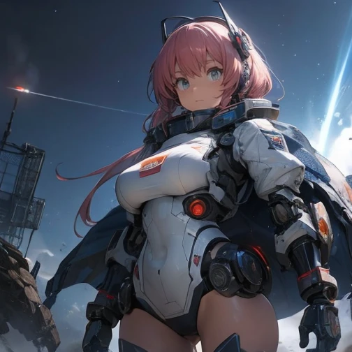  1 girl,  Highly detailed anime-style girl in a futuristic, low-fabric spacesuit with large breasts and exposed thighs,  a heavily armed and detailed mecharobot standing on a war-torn battlefield with destroyed machines  ,  Piloting a mecha robot  ,  Movie...