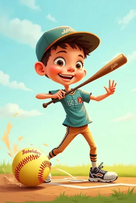  caricature of a boy playing softball with a name in the ball Red