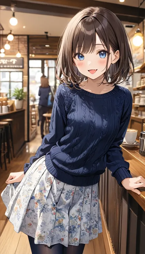 full body、 best quality,High image quality,masterpiece,  casual, dark blue ((sweater)), One person, very cute girl sticking out her tongue on the stairs、Complex pupil,  Deep Blue Eyes , smile, open mouth, blush, ((small breasts)), Medium Hair, Brown Hair, ...