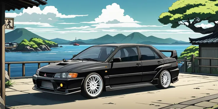 (black Mitsubishi Lancer Evolution IX with white rims:1.1) parked in japan village, front photo, sea in background, simple anime style, 2D, celshading, thick lineart, heavy black ink lines, posterized, flat color, celshading, toonshading, Cartoon Rendering...