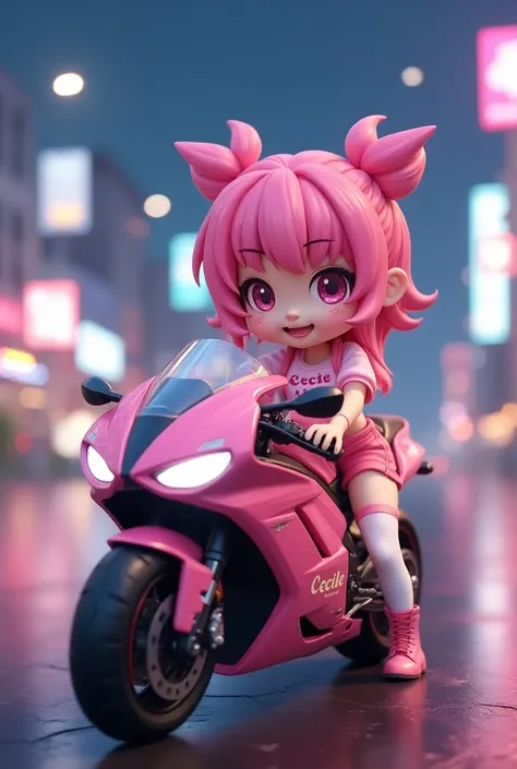 This is a realistic-rendered image of a cute, chibi-style girl with pink hair sitting on a pink motorcycle.  Shes wearing a pink crop top with "Cecile" written on it, pink shorts, white knee-high socks, and pink boots. A pink football helmet is visible beh...