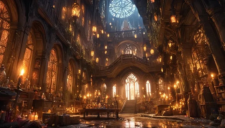 A realistic and enchanting illustration of a magical school interior, reminiscent of RPG and fantasy worlds. The scene shows grand, arched hallways lined with ancient stone walls, glowing lanterns, and tall, gothic windows that let in streams of ethereal l...