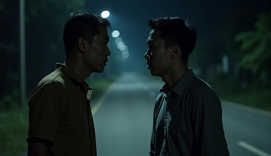 Two Indonesian men aged 20 and 25 years ,  were talking on the side of the road in the dark of night, with suspicious expressions , Realistic and hd photo  