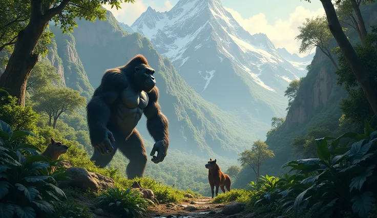 "A dense, mysterious jungle surrounded by towering mountains. In the heart of the jungle, a massive, powerful gorilla named Goru stands tall, surrounded by wild animals. The jungle is lush with greenery, and the atmosphere is calm but filled with a sense o...