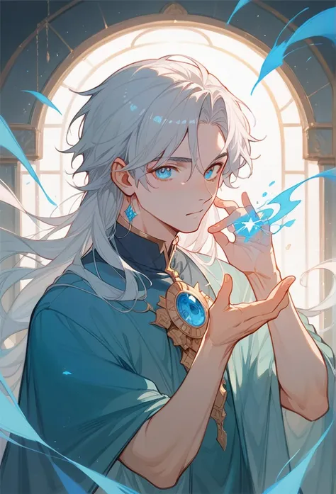 score_9, score_8_up, score_7_up, (masterpiece, UHD, 8K, 16K, ultra detailed), 1boy,long hair, silver hair, , blue eyes, beautiful eyes, , looking at the viewer, bedroom background, a magic portals on the wall