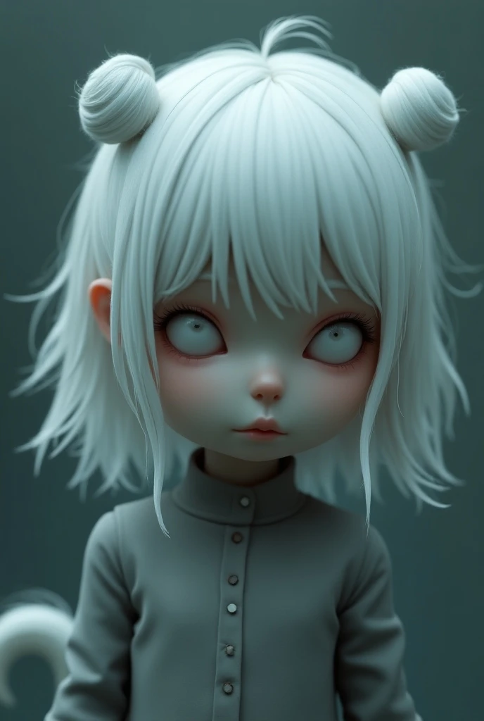 Murder drone murderdrone character white hair white eyes white tail girl hairstyle two buns front sad hair short hair 