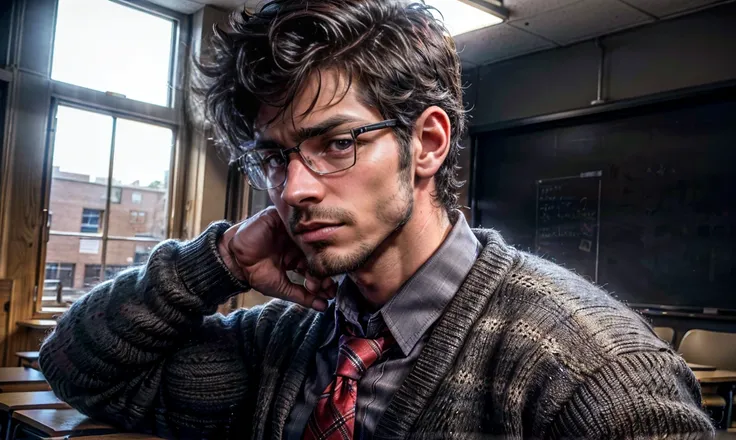 close up of a gorgeous rugged buff muscular tough male English teacher with glasses standing in a community college classroom. brown eyes, black hair. dressed professionally in a button-down shirt, cardigan and tie. looking extremely flustered. hair tousle...