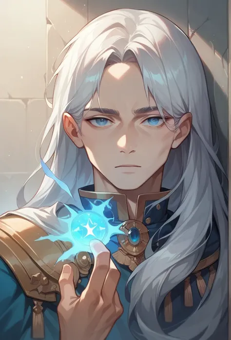 score_9, score_8_up, score_7_up, (masterpiece, UHD, 8K, 16K, ultra detailed), 1boy,long hair, silver hair, , blue eyes, beautiful eyes, , looking at the viewer, bedroom background, a magic portals on the wall