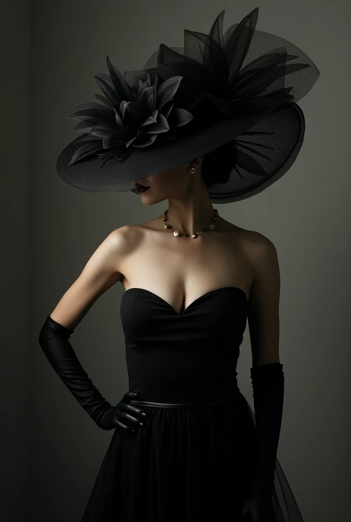 a woman in a black dress is wearing a big hat to the right, in the style of clever use of negative space, i cant believe how beautiful this is, light & shadow, crisp lines and forms, dark and intricate