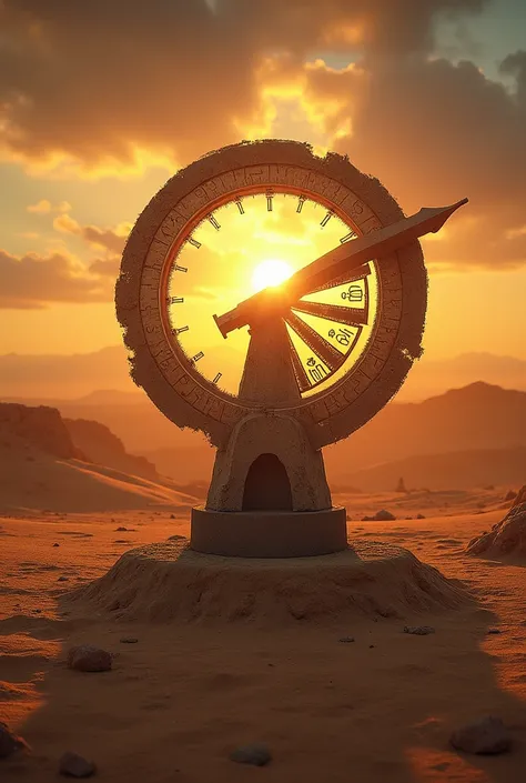 A mystical scene depicting an ancient sundial, known as the "Reloj de Acaz," set in a serene, desert-like landscape. The sun hovers low on the horizon, casting long shadows, but something extraordinary is occurring: the shadow on the sundial visibly moves ...