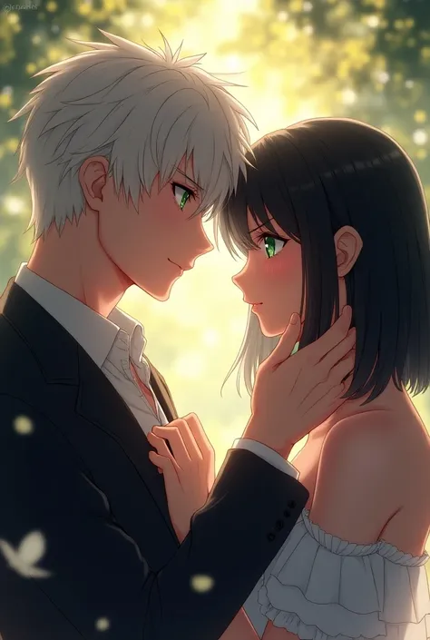 
Prompted Create an image: a boy holding girls chin forcing her to look at him.The girl is confused as well as blushing. The boy is really handsome, white hair, green eyes. The girl is really beautiful has medium length black and blue eyes. Make them look ...