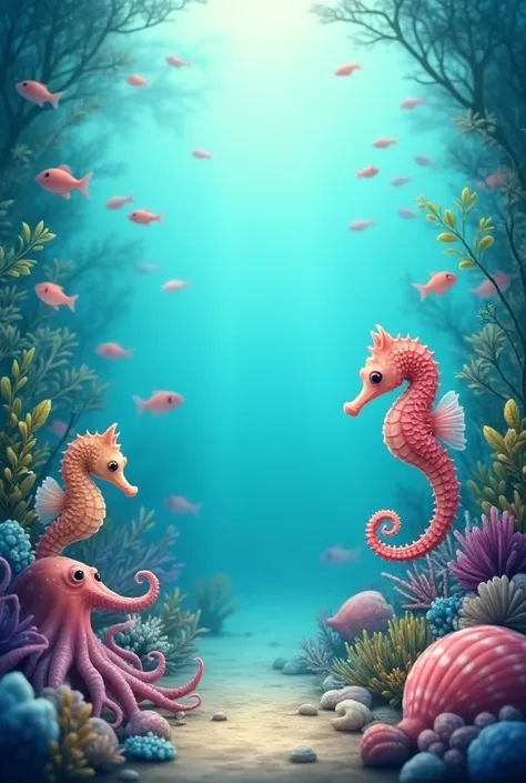  creates a scene of the depth of the sea with pastel-colored fish and corals with marine plants, octopuses ,shells,  seahorses that is like a magical scene of the sea that is realistic 