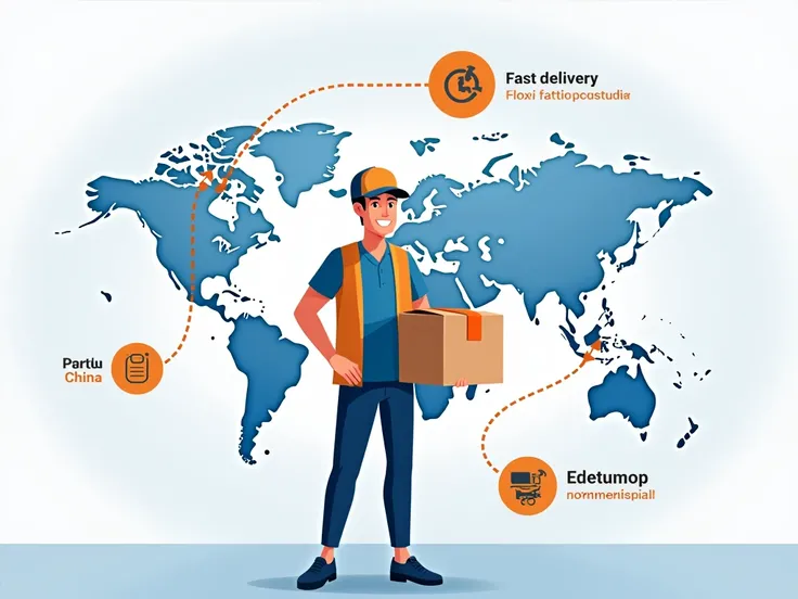 Create a professional, visually appealing image for an Avito advertisement for a China-based delivery service with text in Russian. The image should feature a friendly, reliable-looking delivery agent holding a package, standing in front of a world map wit...