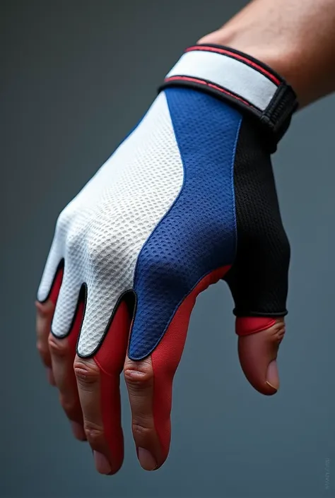 Anti-vibration glove with a figured rubberized surface on the palm,  modern sporty design , with velcro ,  with white, blue-red colors .  The glove is designed for gym training to enhance the grip .