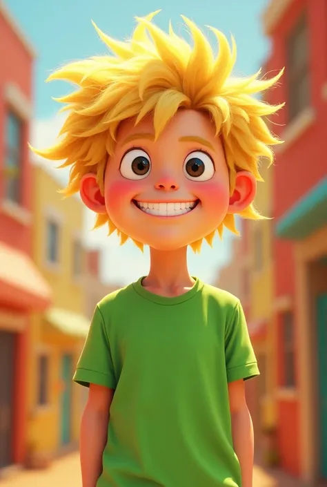 Create a fun character in a green shirt and slightly messy big blond hair 
