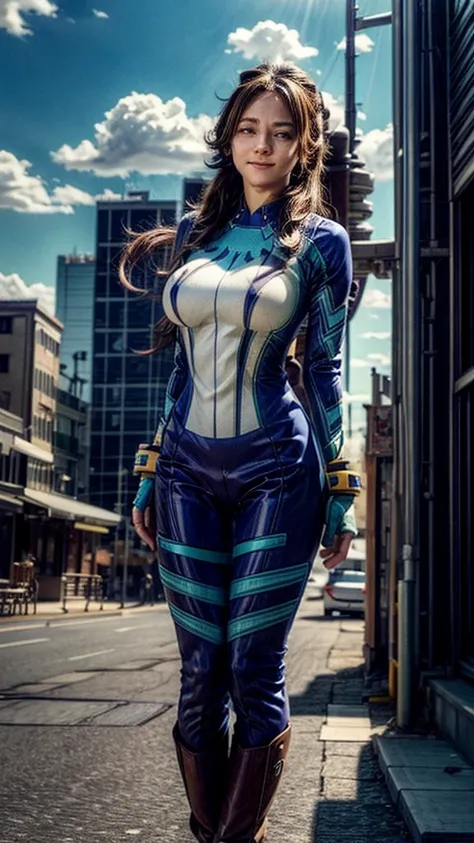 nejirehadou, Wave Twist, Long Hair, very Long Hair,  blue hair , Drill Hair,  twin drill,  Hair horn, smile, (she is floating in the air:1.2)、
break gloves, bodysuit,  Superheroes,
break outdoors, city, null, sun, cloud,
break looking at viewer, ( cowboy s...