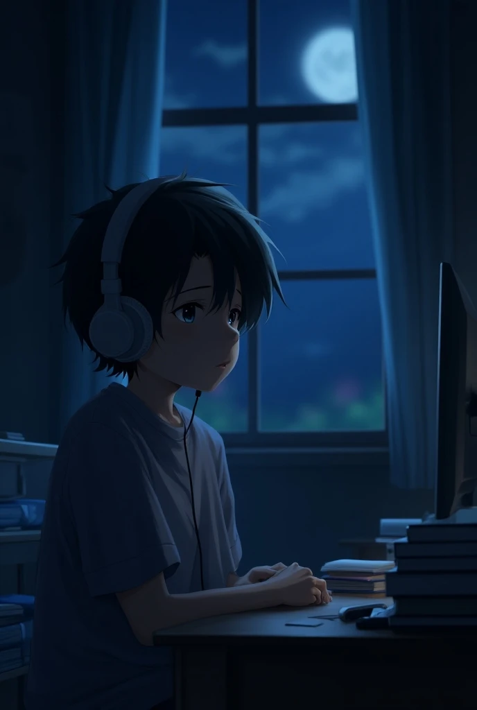 Boys sad  anime character with headphone and background is room and windows see moonand room inside table books stand coputer table 
