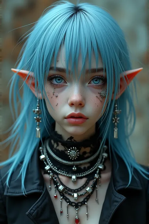 Boy with long light blue hair ,  dark blue eyes thin and torn ,  piercings on his lips and eyebrows .  He wears lots and lots of earrings in his ears and lots of coyars