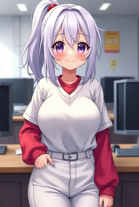 HD、 cartoon style、white hair、purple eyes、Daughter, wearing a white sweater ,  wallpaper is a series of computers,High School Students、 single ponytail （ inverted V shape ）、 Baseball player 、light-colored clothing、 red long-sleeved underwear 、Full breasts