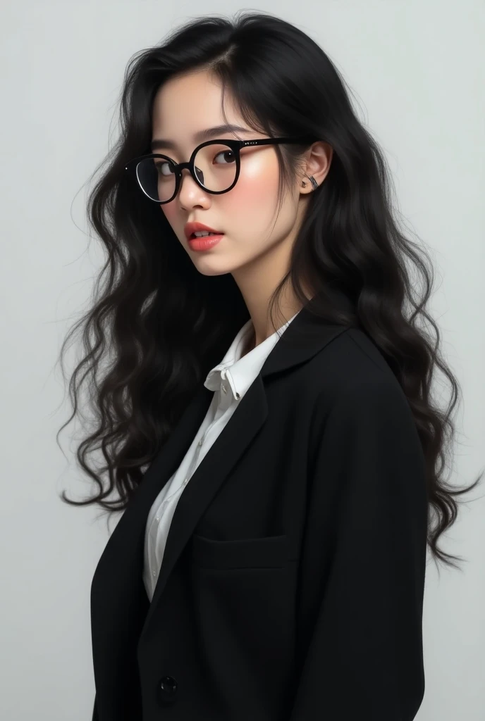 Creat a picture abt my girlfriend like that, she has a long black curly hair, she has white skin, wears a black circle glasses, wear a black uniforms and may be tall. Sheve just studnet