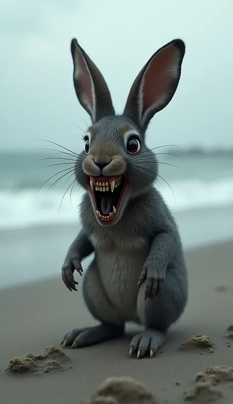 Create a image of rabbit which face look like horror and that is stand on the beach